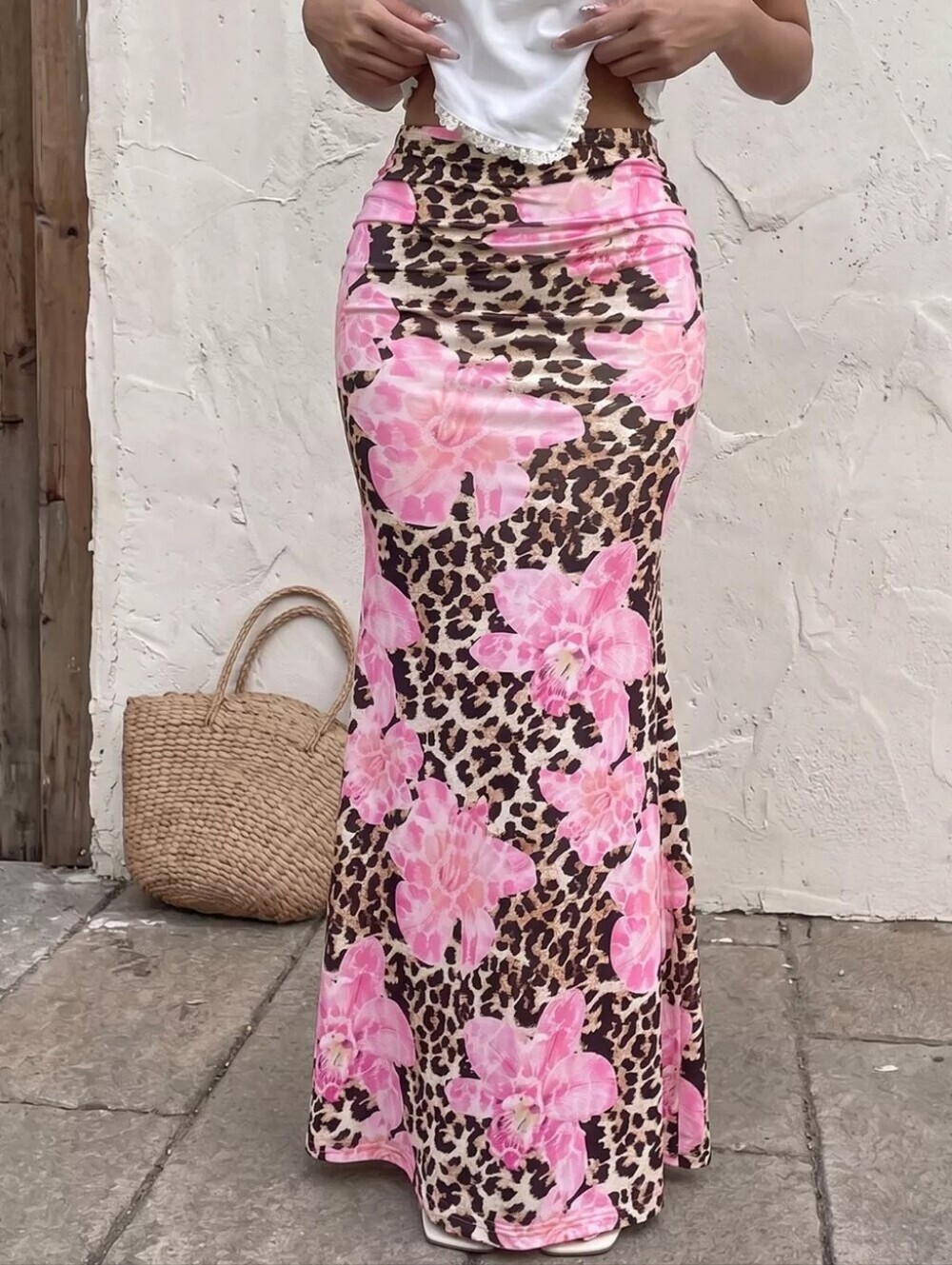 Floral Pink Leopard Print Maxi Skirt